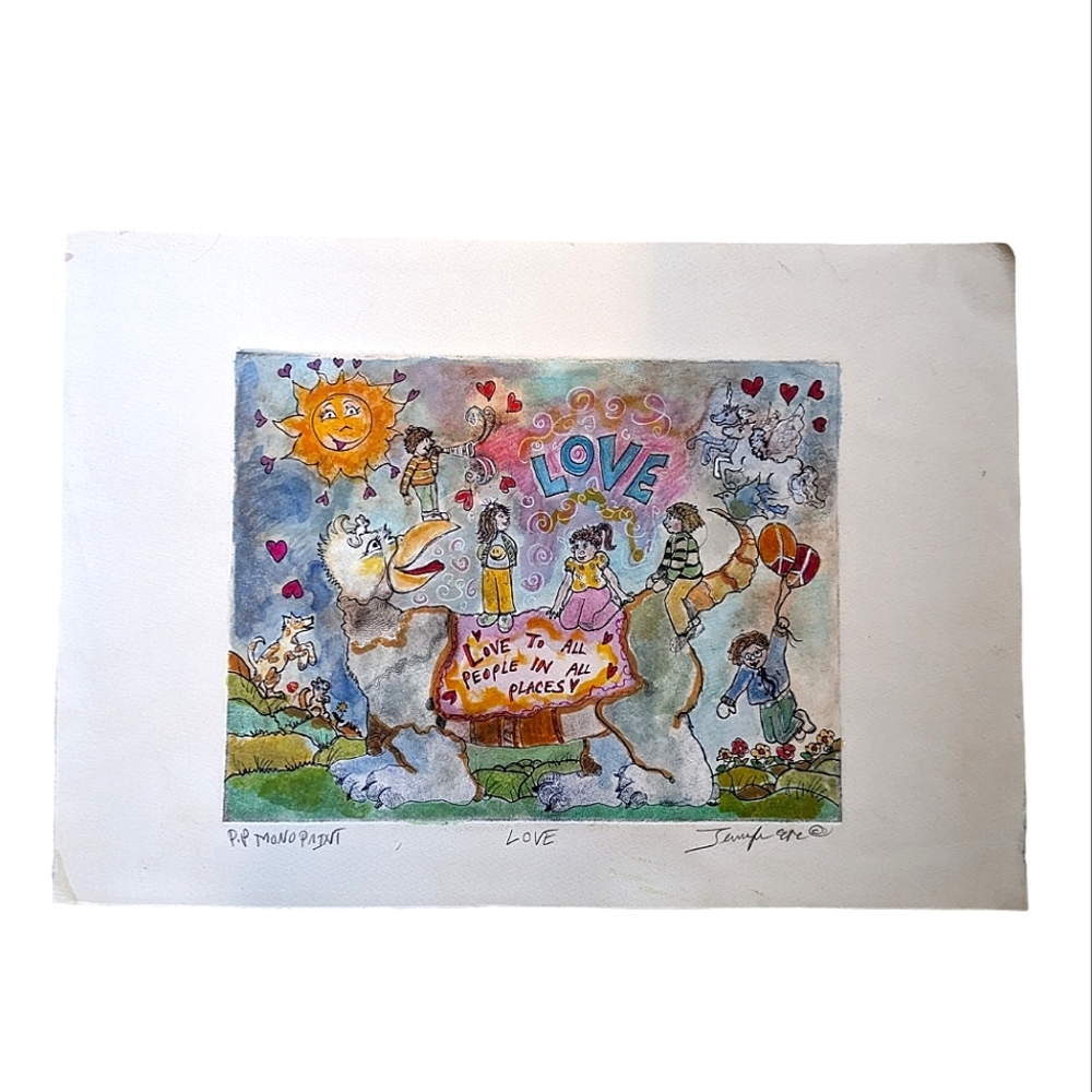 LOVE Handpainted original signed Etching, printmaking & watercolor